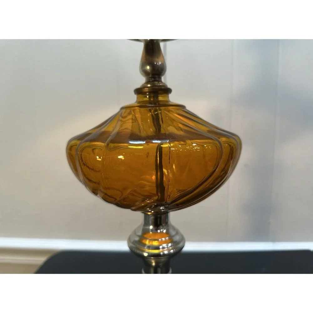 Vintage‎ Amber Glass Table Lamp Marble Base Chrome Metal Pleated Shade 29